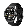Black smartwatch with a silicone strap showing a heart rate monitoring display on its screen.