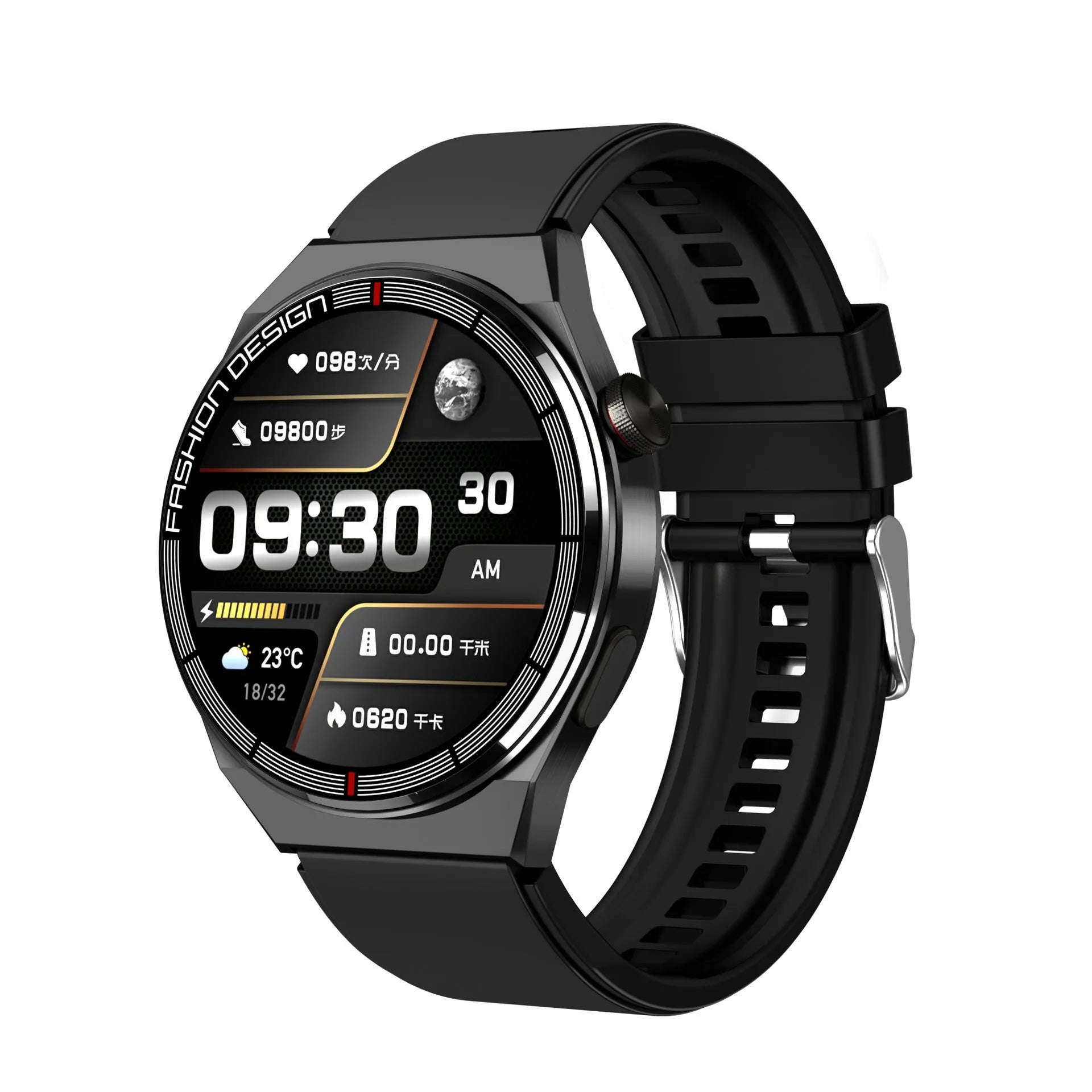 Black smartwatch with a silicone strap showing a heart rate monitoring display on its screen.