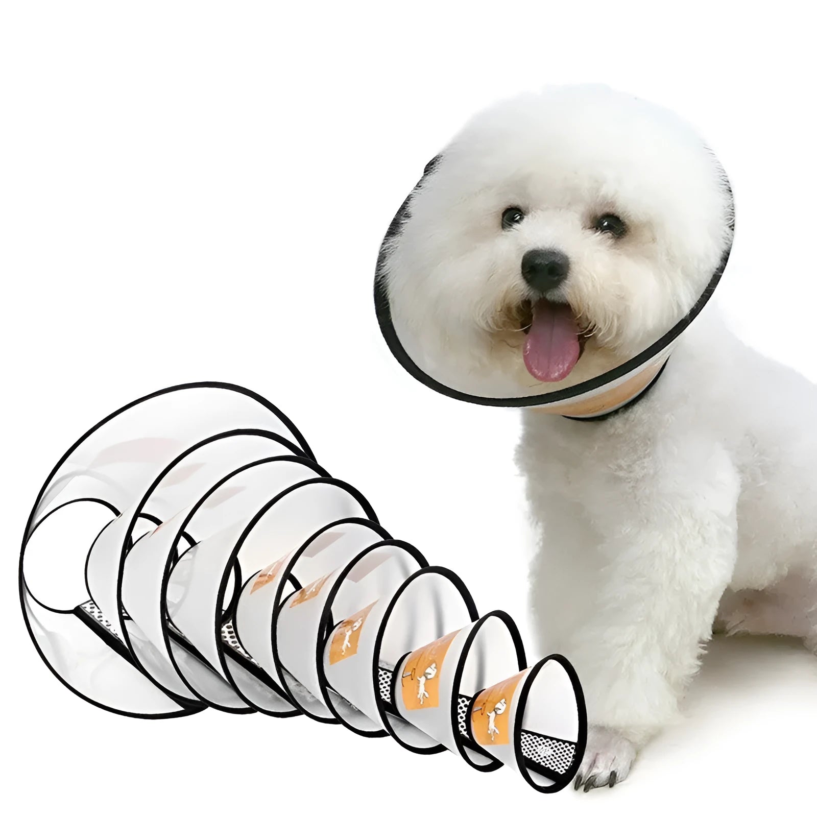 Transparent PP pet cleaning ring with Velcro, available in eight sizes for cats and dogs