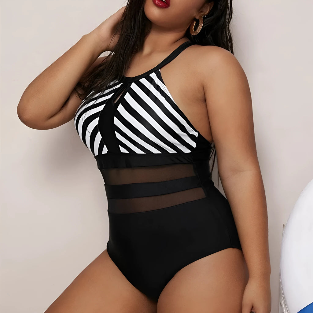 Women's plus size backless striped stitching one-piece swimsuit in black polyester, front view