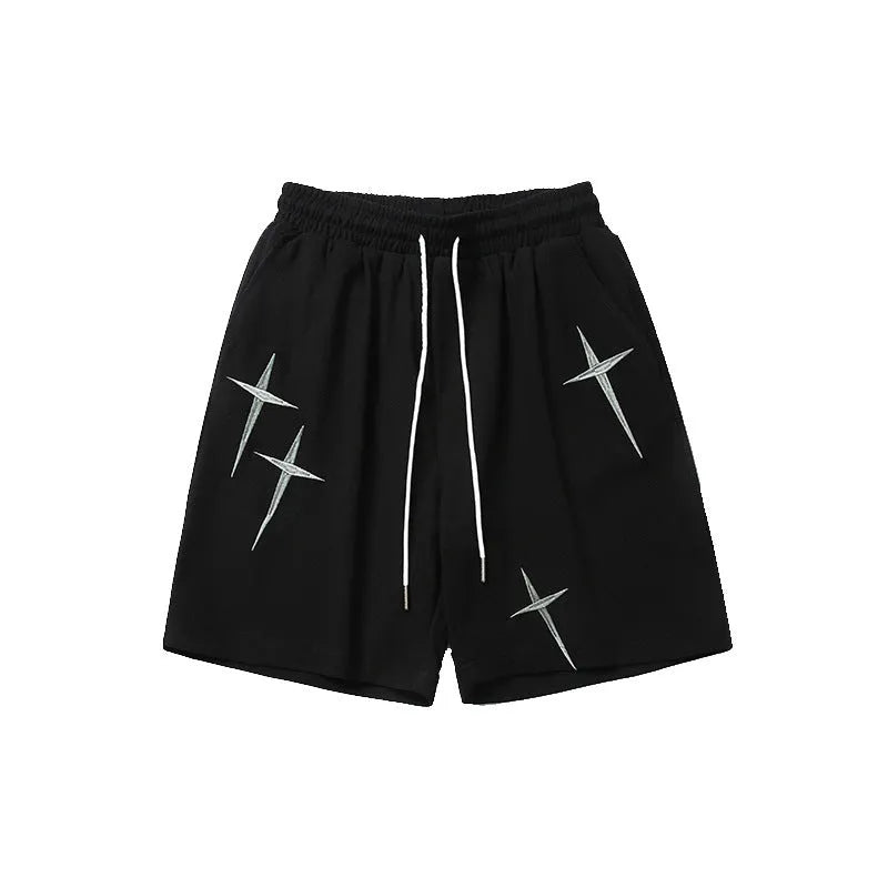 Men's cotton embroidered track shorts in grey, black or beige, mid waist, sizes M-XXL, casual leisure shorts