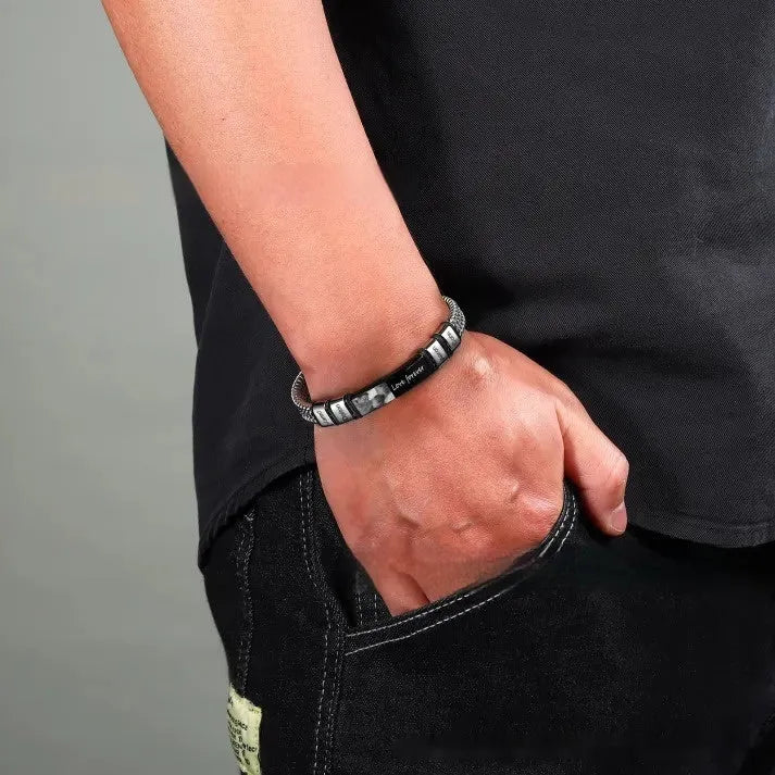 Men's stainless steel and leather rope lettering bracelet with heart-shaped beads and electroplated finish