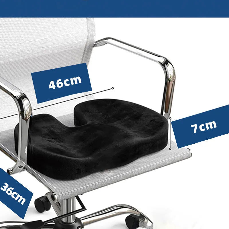 Black flannel U-shaped memory foam office seat cushion measuring 46x36cm