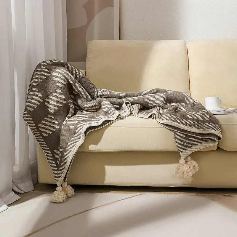 Bohemian acrylic sofa cover blanket with tassels in geometric pattern colours