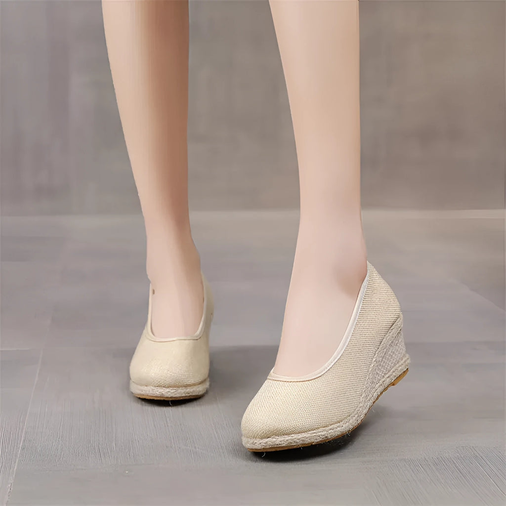 Women's high heel pointed straw wedge pumps in beige with cotton cloth upper and square toe