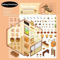 Pack of cut-free cartoon landscaping stickers showing bakery, bookstore, and flower shop scenes on a 190x125mm sheet.