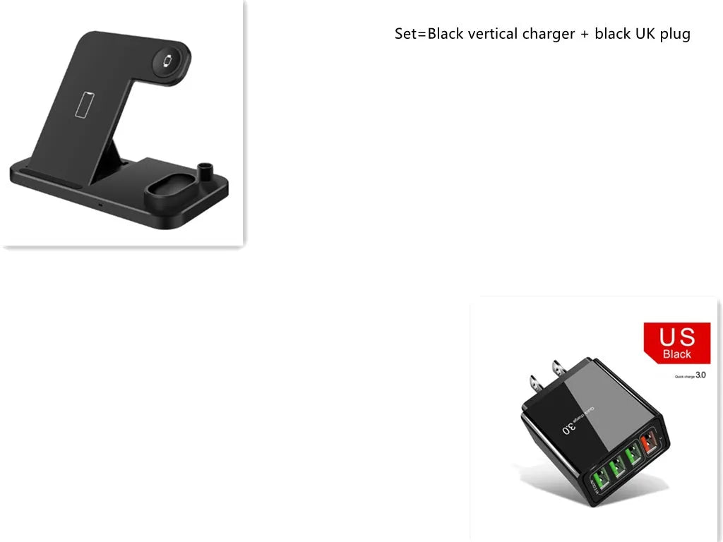 A white 4-in-1 wireless charging station with an iPhone, Apple Watch, and AirPods charging on its adjustable, foldable stand.