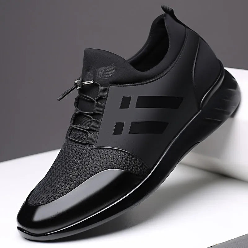 Men's black casual shoe with hidden 8cm heel for invisible height increase, available in leather or mesh.