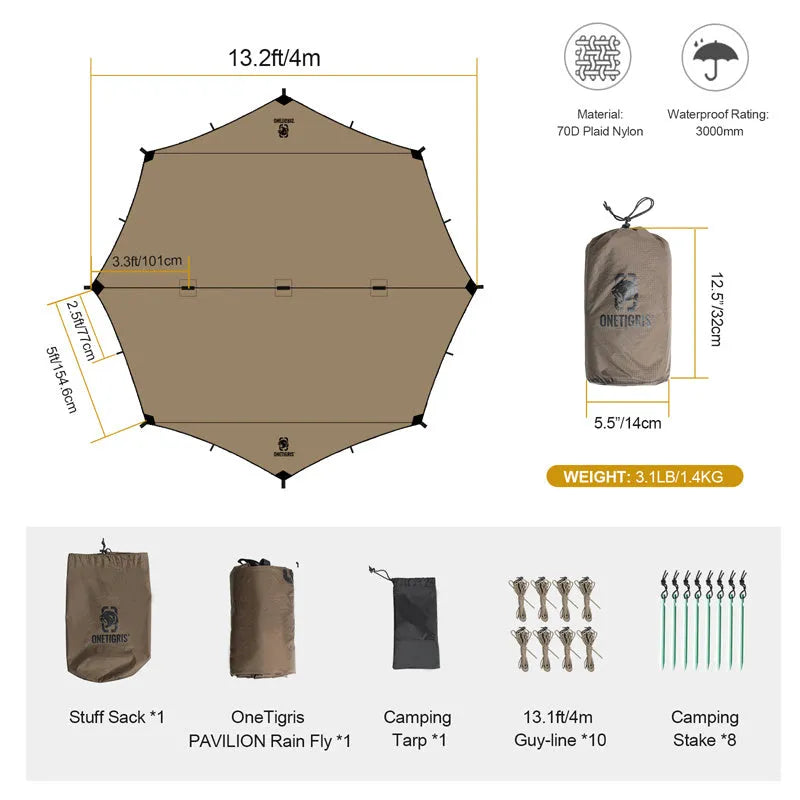 Brown nylon butterfly-shaped sunscreen awning 4x4m with waterproof coating for camping and barbecue leisure use