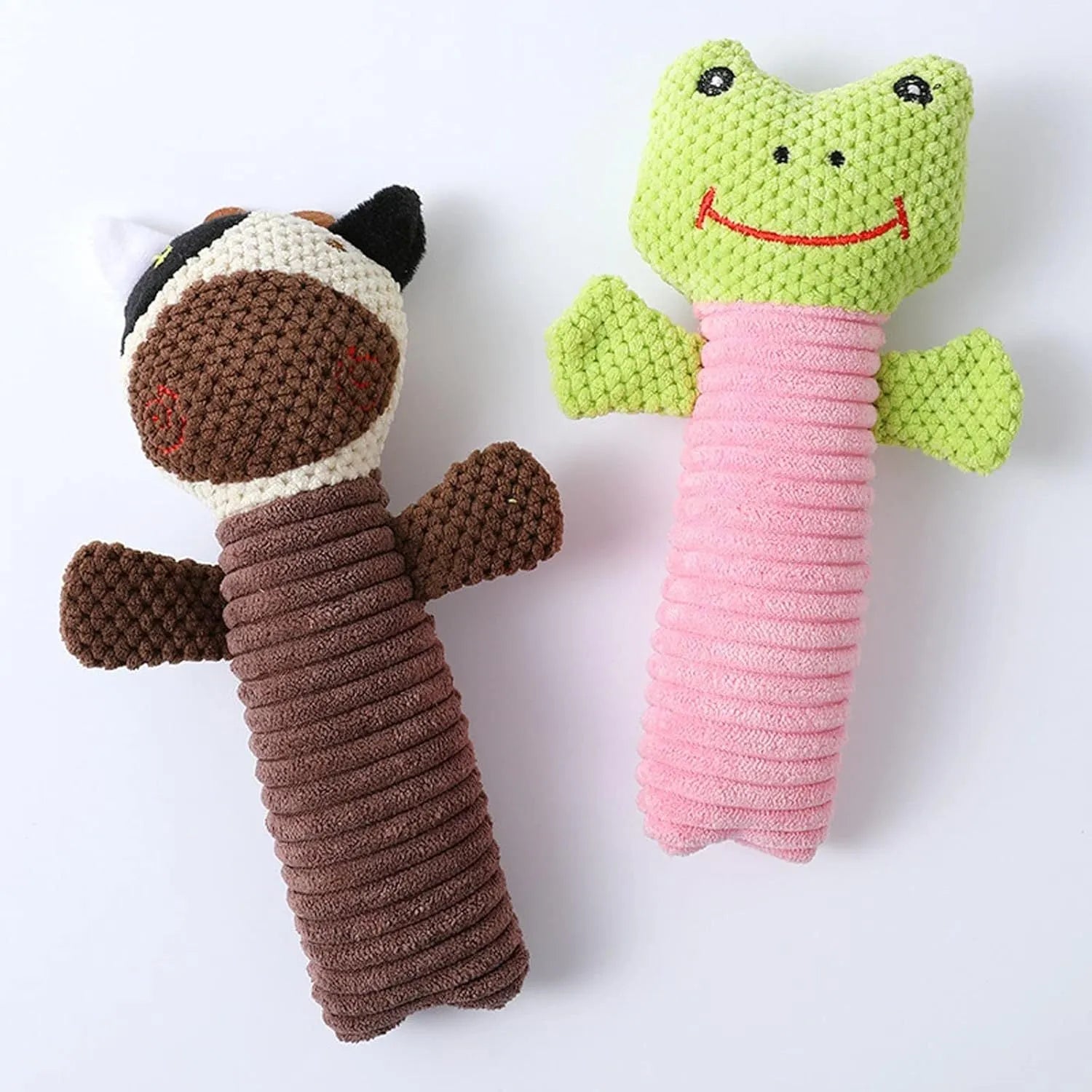 Soft plush dog chew toys in calf, frog and puppy designs with squeakers