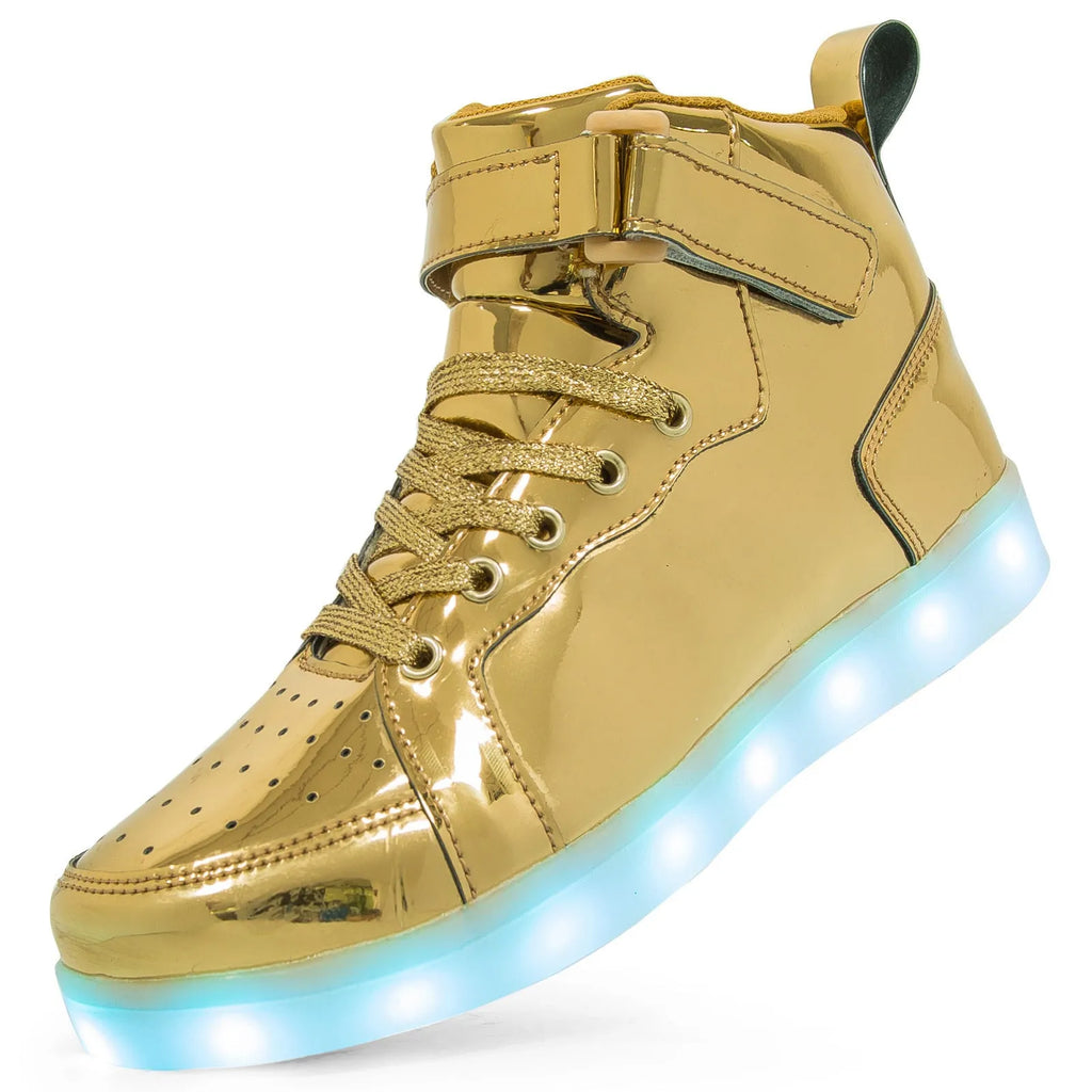 Black LED light-up high-top skate shoes with Velcro straps and glowing soles.