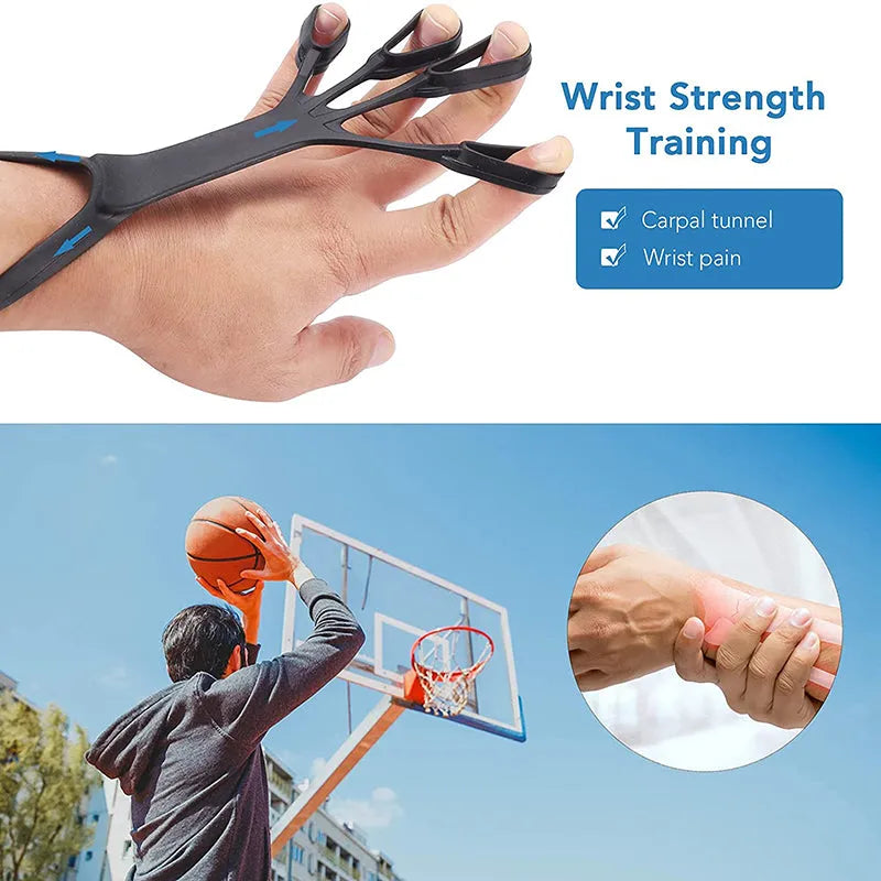 Three silicone finger pullers in grey, blue, and black on a white surface