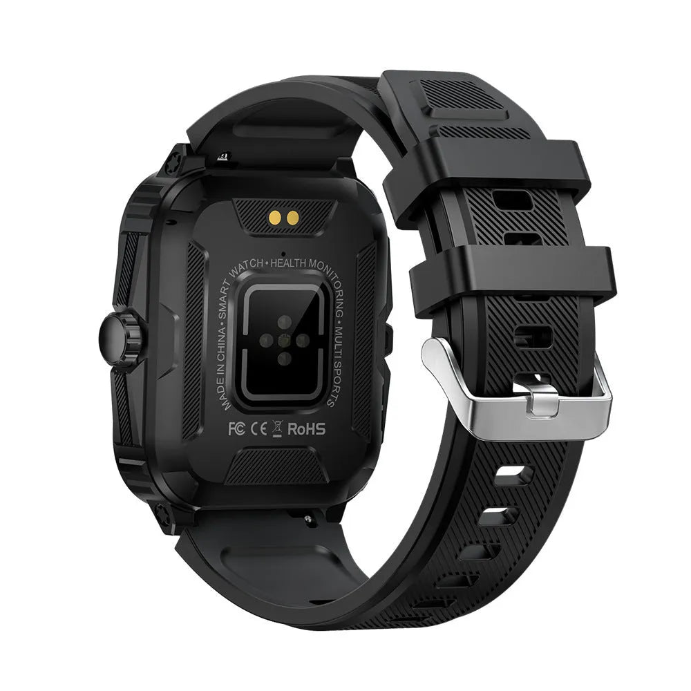 Black outdoor sports smart watch with Bluetooth calling, TFT screen, and silicone strap