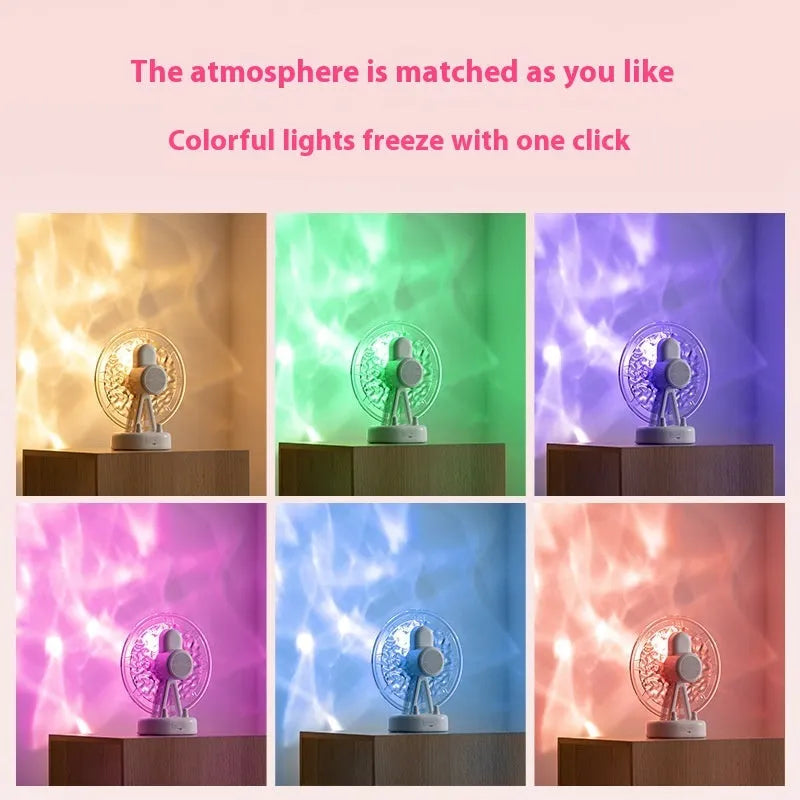 White Ferris wheel Bluetooth speaker with colourful atmospheric lighting effects on display