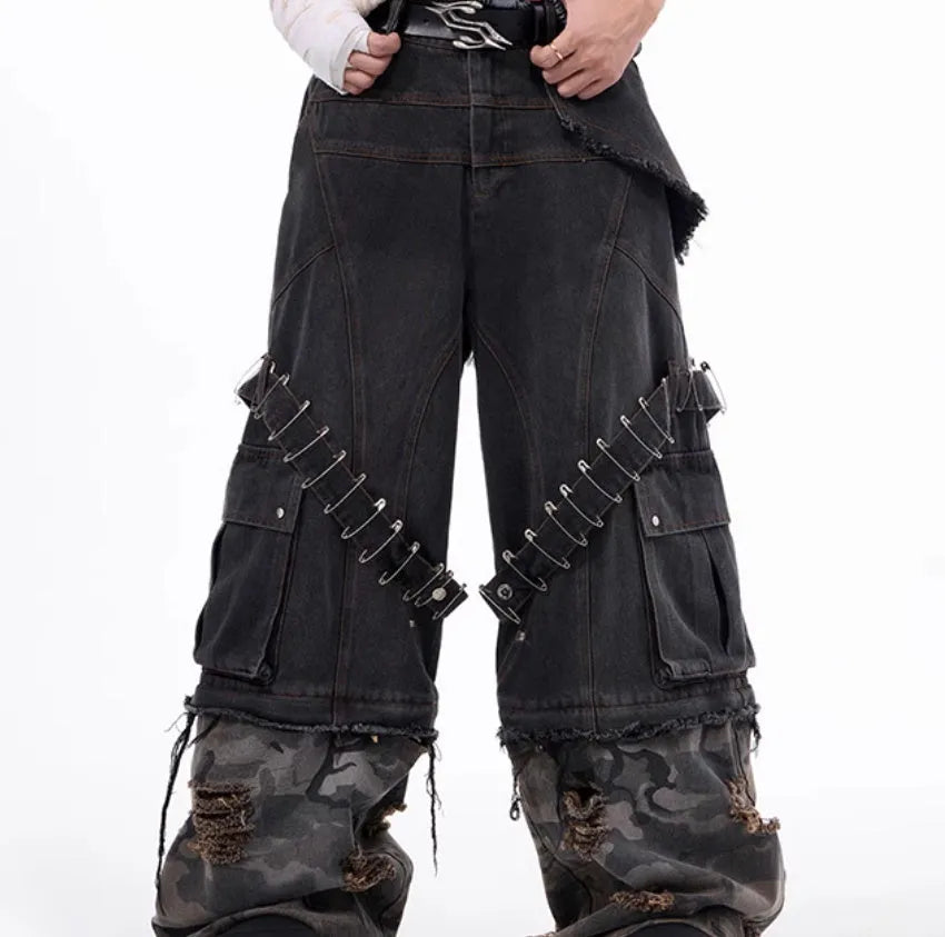 Men's grey camouflage pattern splicing jeans with pin detailing and ribbon accents on cotton denim