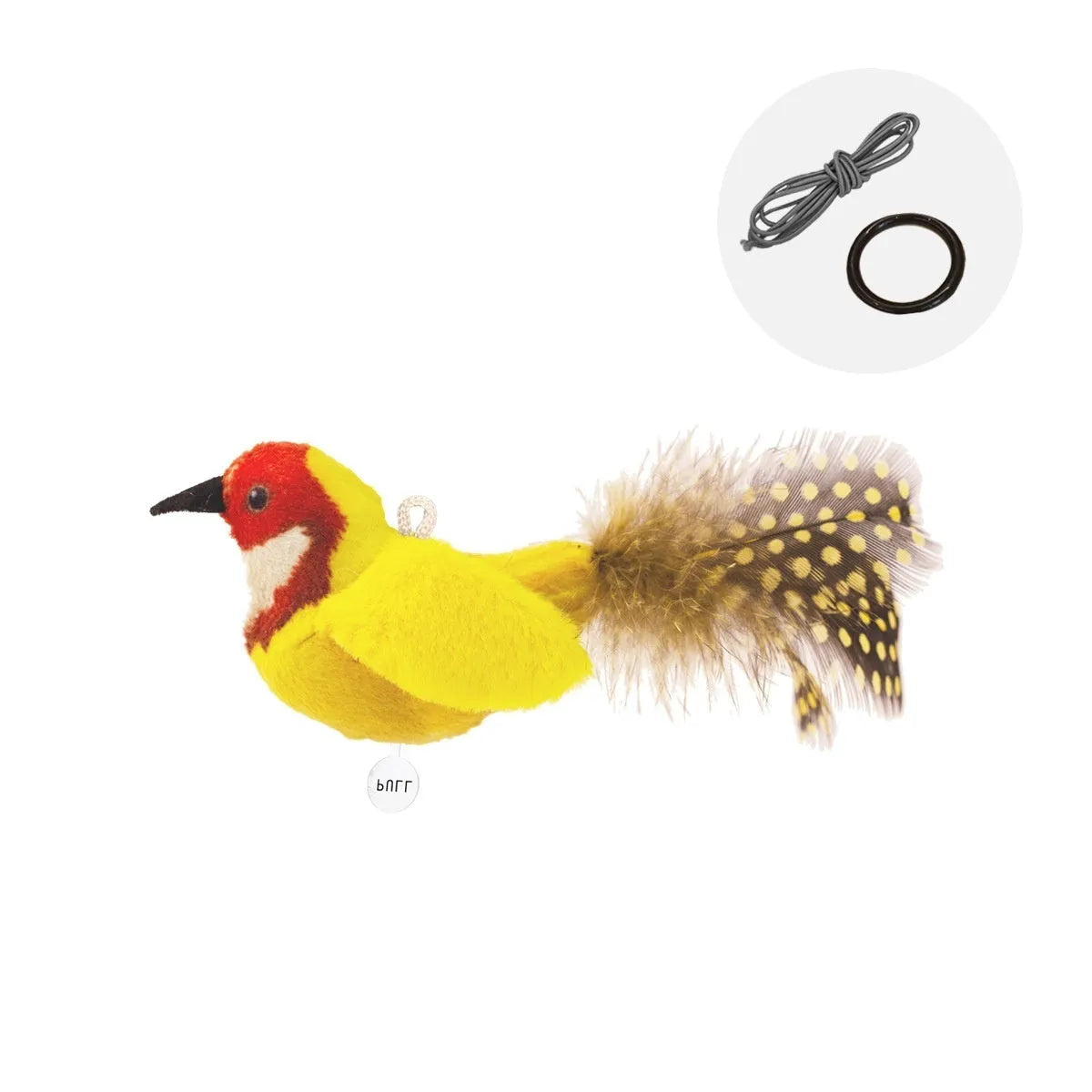 Plush bird simulation cat toy in blue kingfisher colour on a white background.