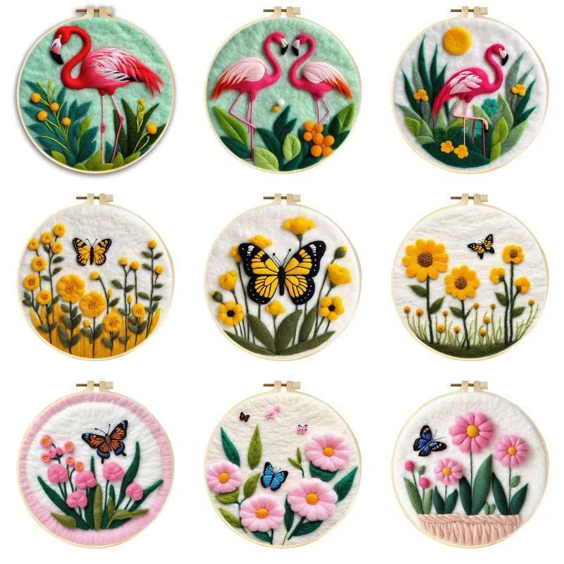 Round fabric embroidery decoration kit with linen material, wool felt, and free frame for three-dimensional blanket painting