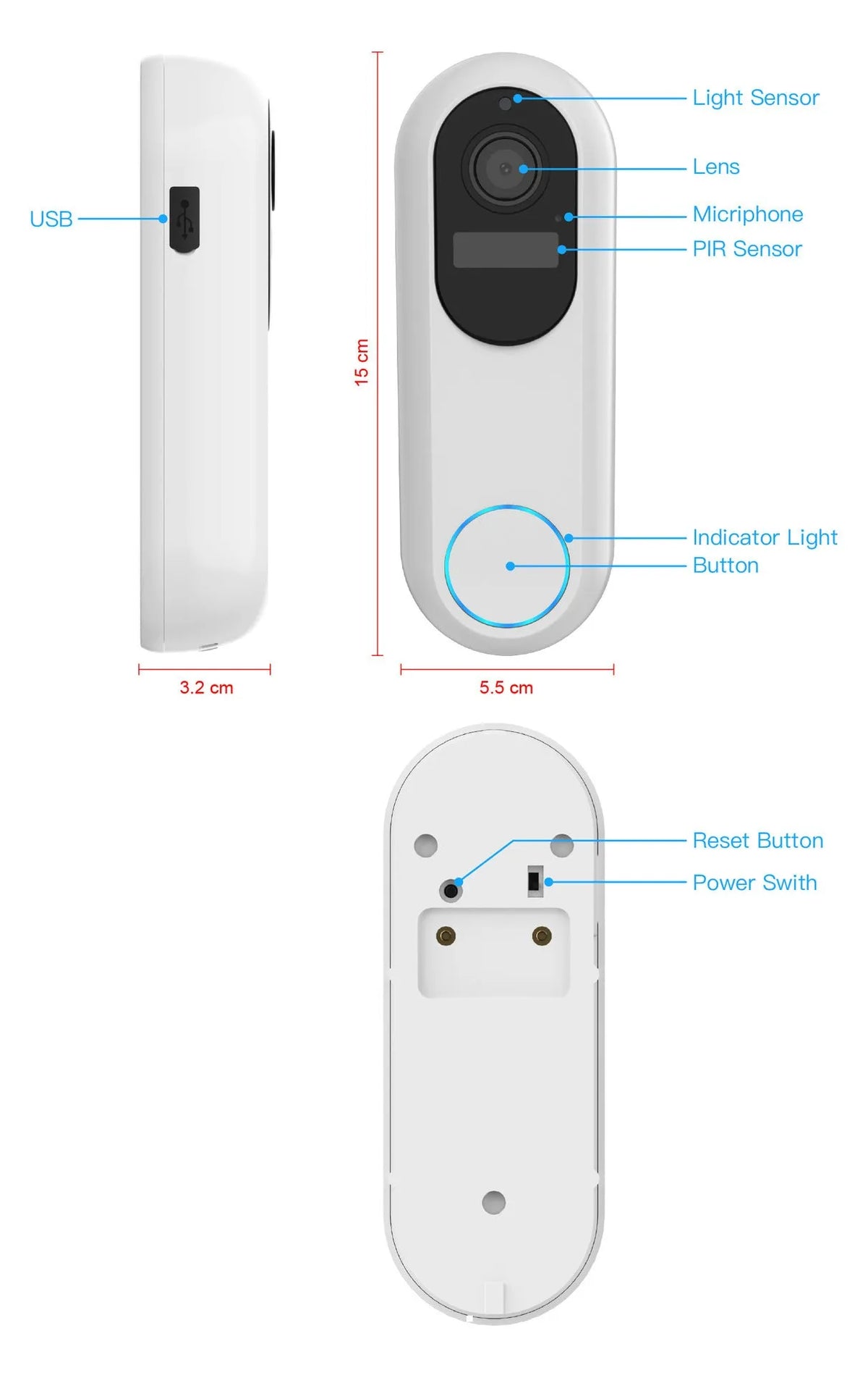 Smart visual doorbell intercom with 1080P camera and detachable 5000mAh battery for home security