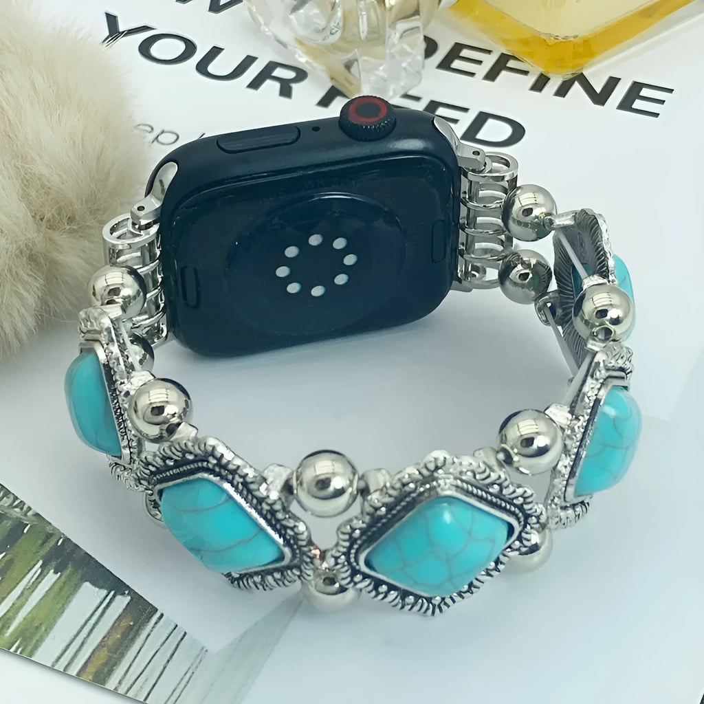 Bohemian turquoise smart watch strap on a black background showing 15cm length with three colour options black blue red