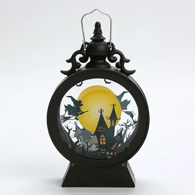 Halloween retro candle portable storm lantern with hook, LED light in pumpkin colour, 9.5x15cm size