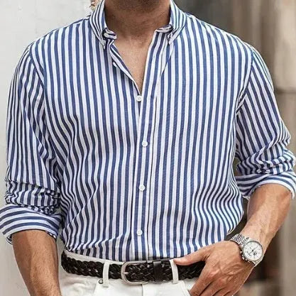 Men's striped casual button shirt with cardigan-style collar and long sleeves in loose fit