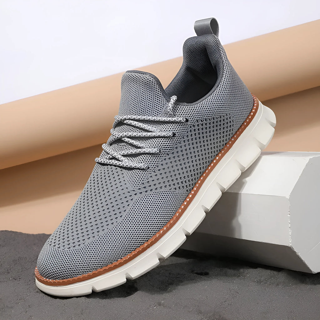 Men's grey mesh fabric casual sneakers with round toe and low heel design