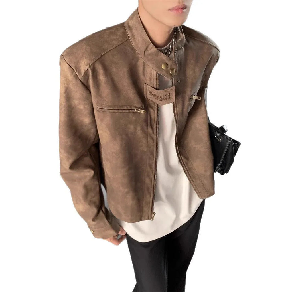Men's brown loose cropped cotton blend jacket with straight hem and long sleeves