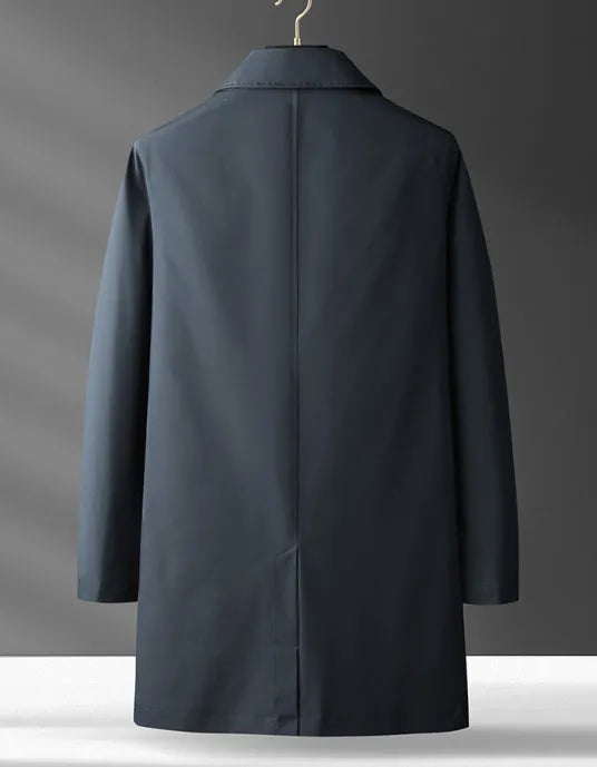 Men's lightweight Korean style trench coat in khaki, modal polyester blend, full-length casual overcoat front view