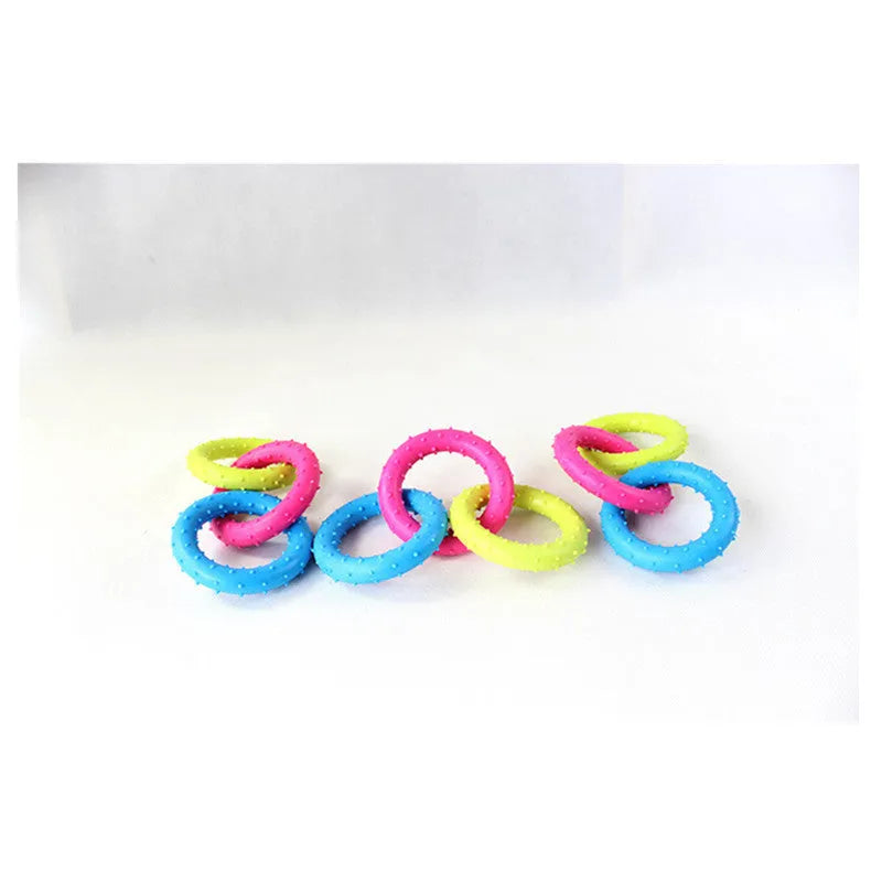 Three-chain TPR rubber dog molar toy for aggressive chewers shown in random colour