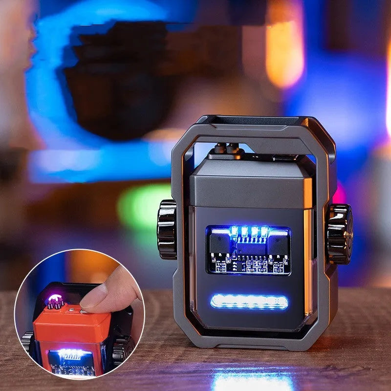 Blue zinc alloy pulse lighter with glowing double electric arcs and a mechanical gyroscope spinner, shown folded and unfolded.