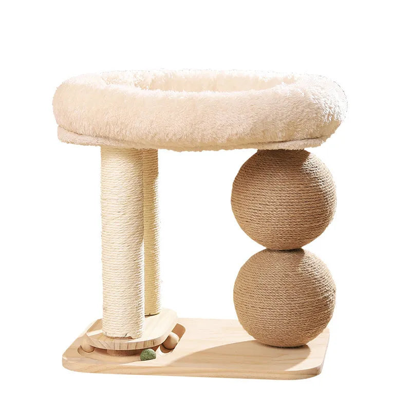 Pine wood cat scratching post and bed with sisal surface and a removable summer sleeping mat.