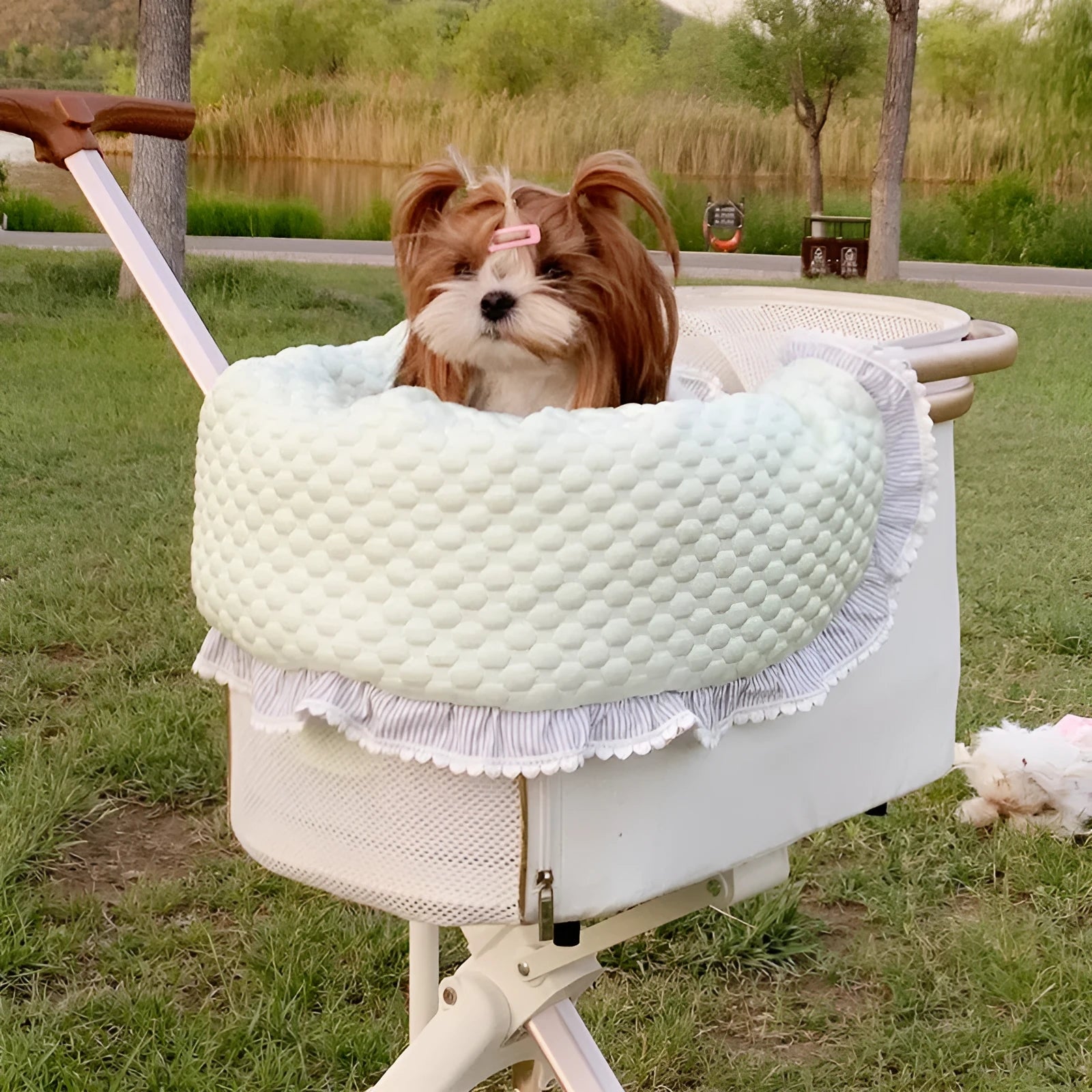 Pure cotton pet stroller pad set with removable towel, cushion, and pillow in a floral pattern.