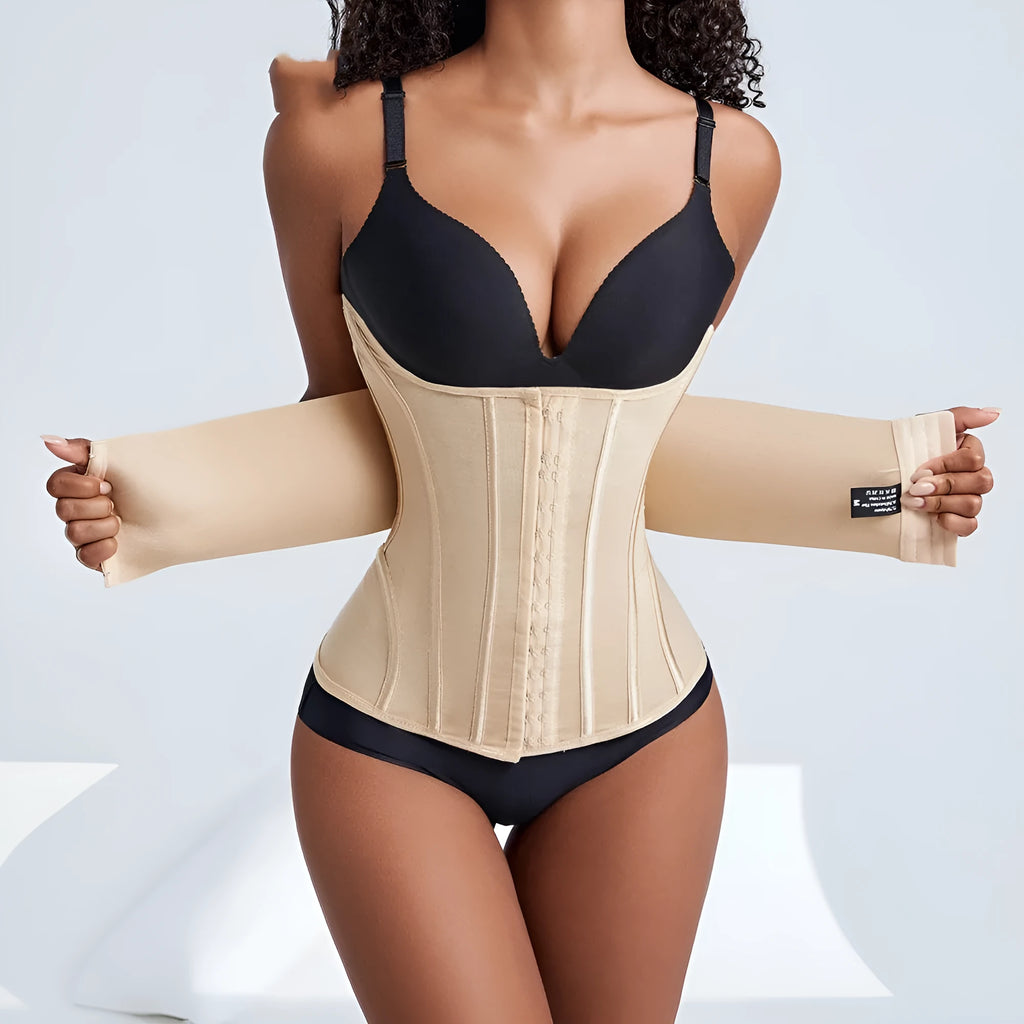 Black and apricot nylon belly band for waist training, shown with belt tie, sizes XXXS to 3XL.