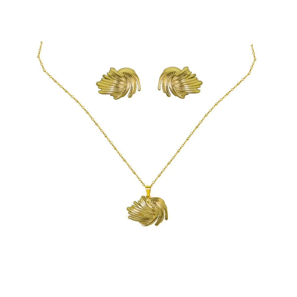 Geometric leaves texture flower love heart earrings and necklace set with stainless steel pendant on regular chain