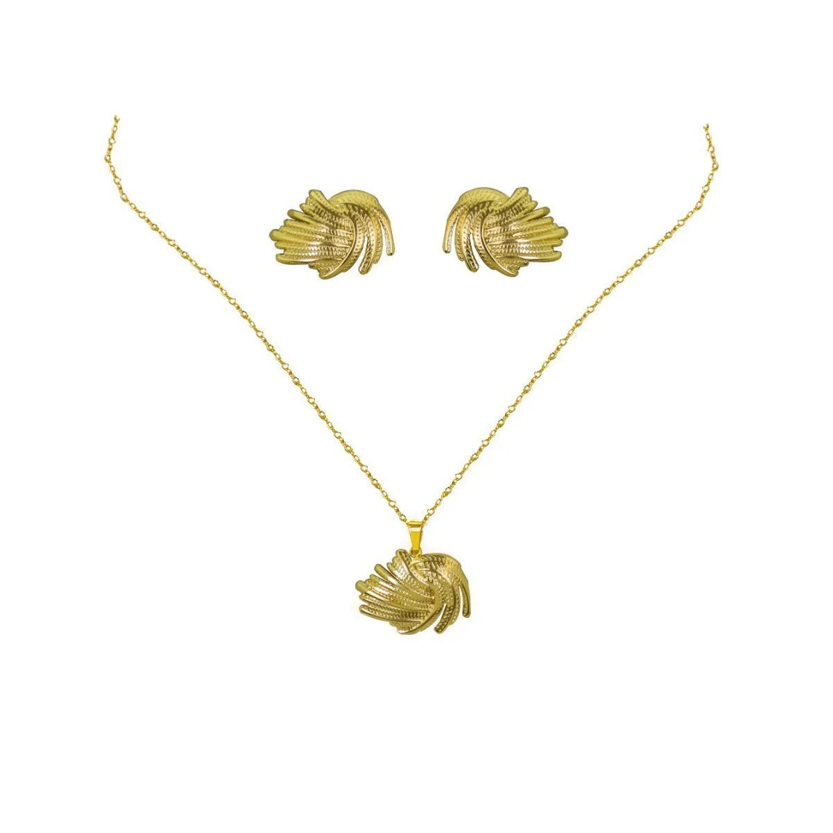 Geometric leaves texture flower love heart earrings and necklace set with stainless steel pendant on regular chain