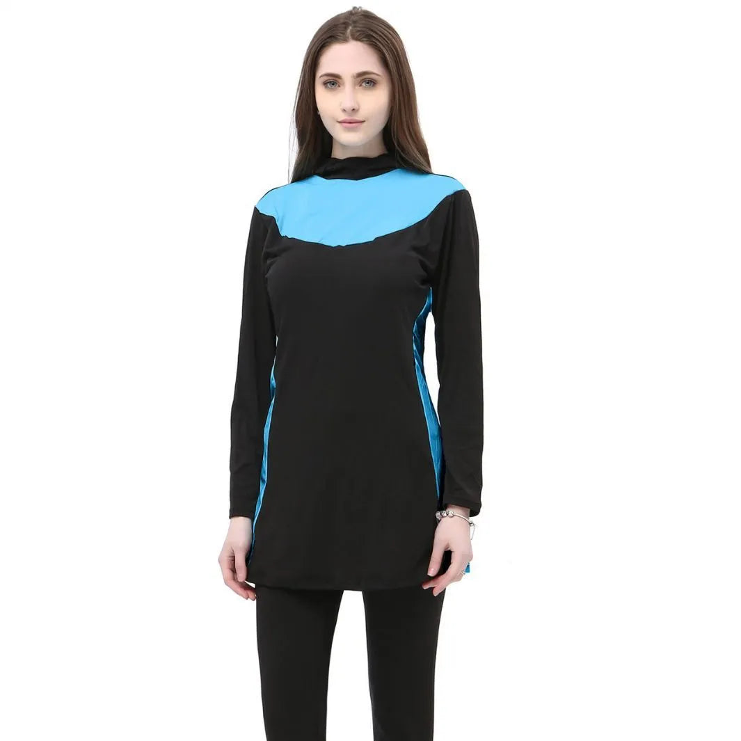 Conservative women's hooded swimsuit with long sleeves in black and rose red.