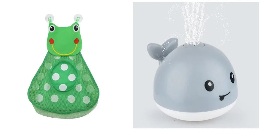 Electric whale-shaped bath spray toy with water-activated automatic spray, LED lights, and floating capability