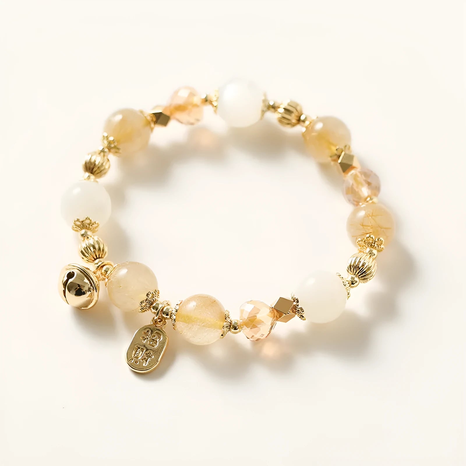 Korean style gold rutilated quartz crystal bracelet with electroplated Lucky Fortune finish