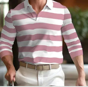 Men's loose fit long sleeve polo shirt button-up top in chemical fibre blend fabric