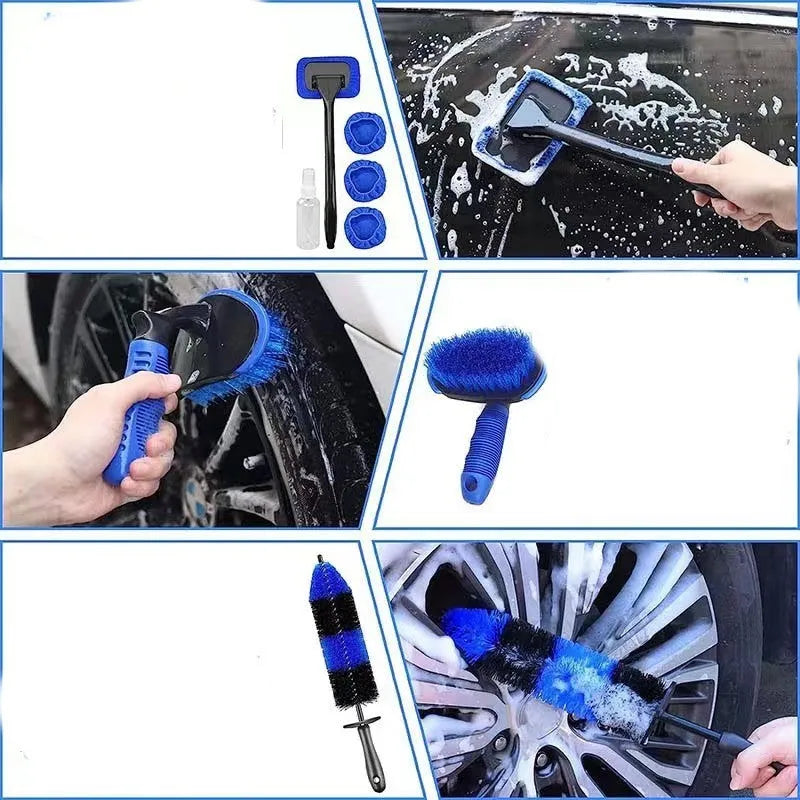 26-piece car tyre brush and wheel cleaning kit with extended handle and soft bristles