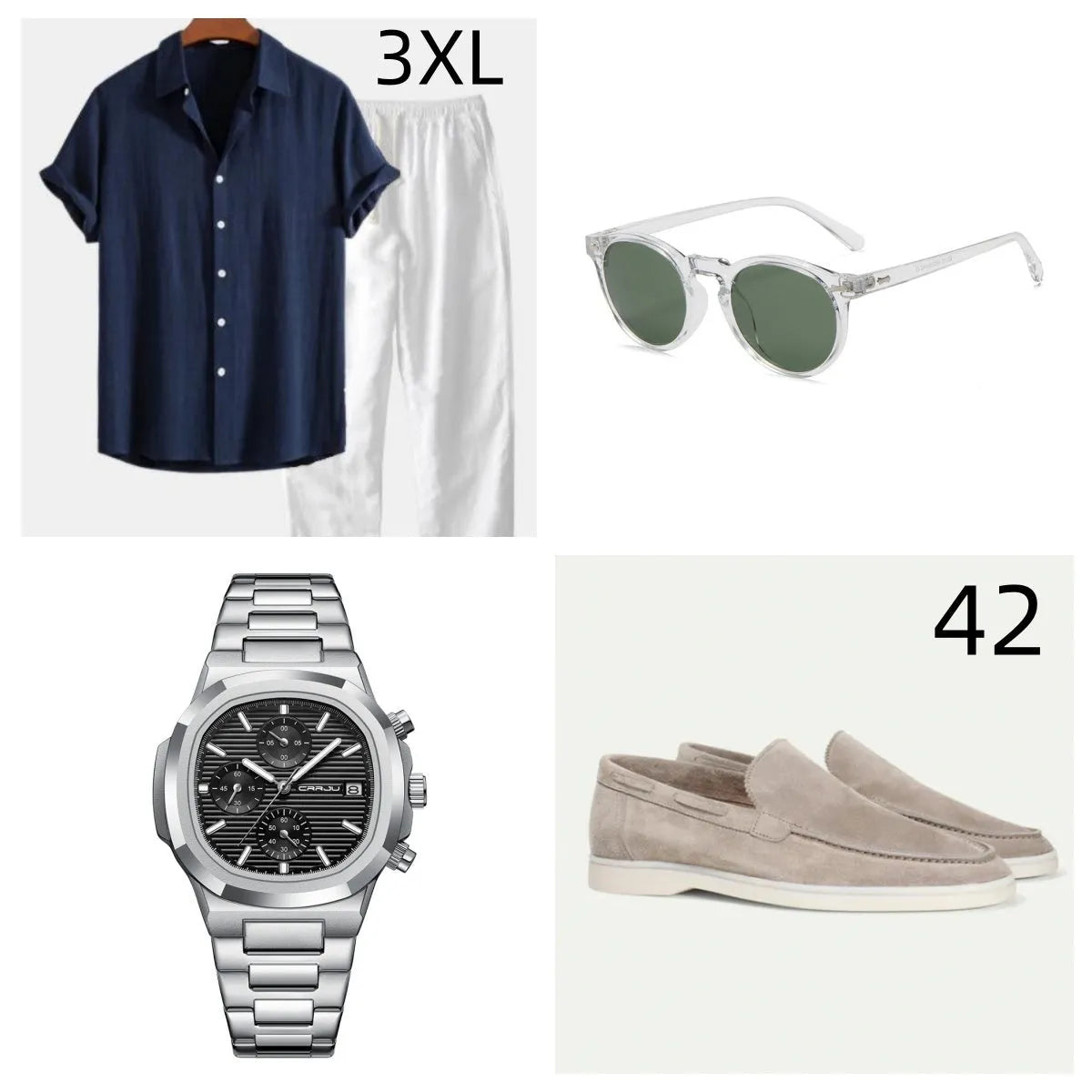 A navy blue casual short sleeve suit with trousers, shown with glasses, shoes, and a watch on a mannequin.