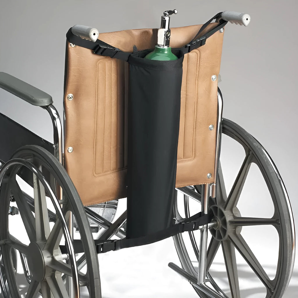 Black cylindrical wheelchair pannier bag for oxygen cylinder storage during travel