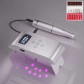 Silver battery nail polisher with stainless steel body and UV lamp on white background