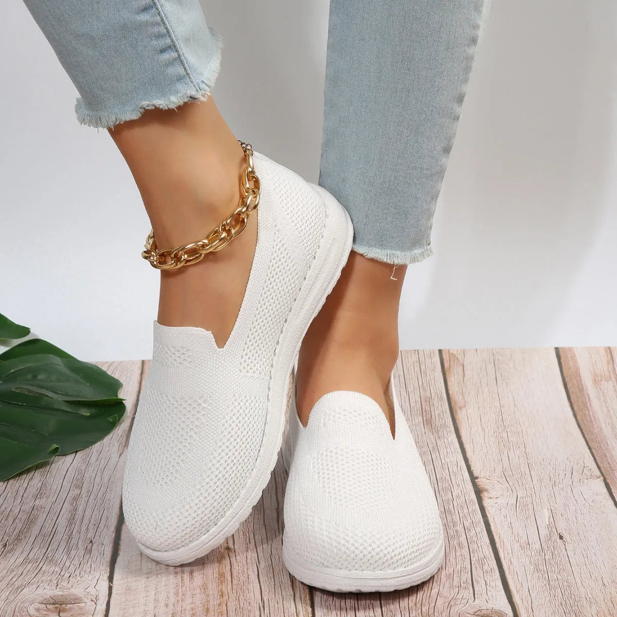 Women's mesh slip on loafers with round toe and flat heel in white colour option