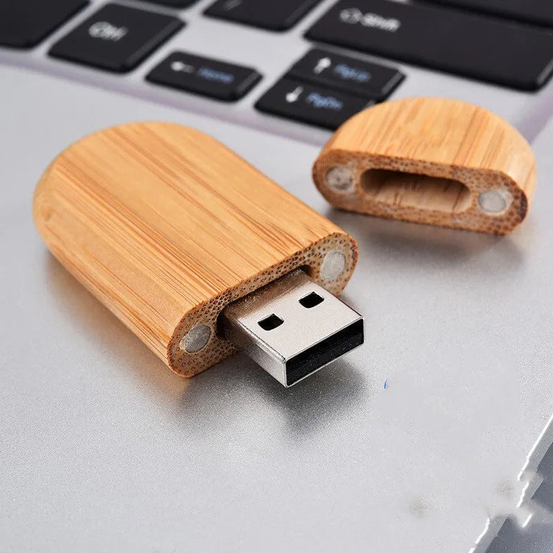Wooden USB drive gift set in natural bamboo finish with box, dimensions 58x28x9 mm