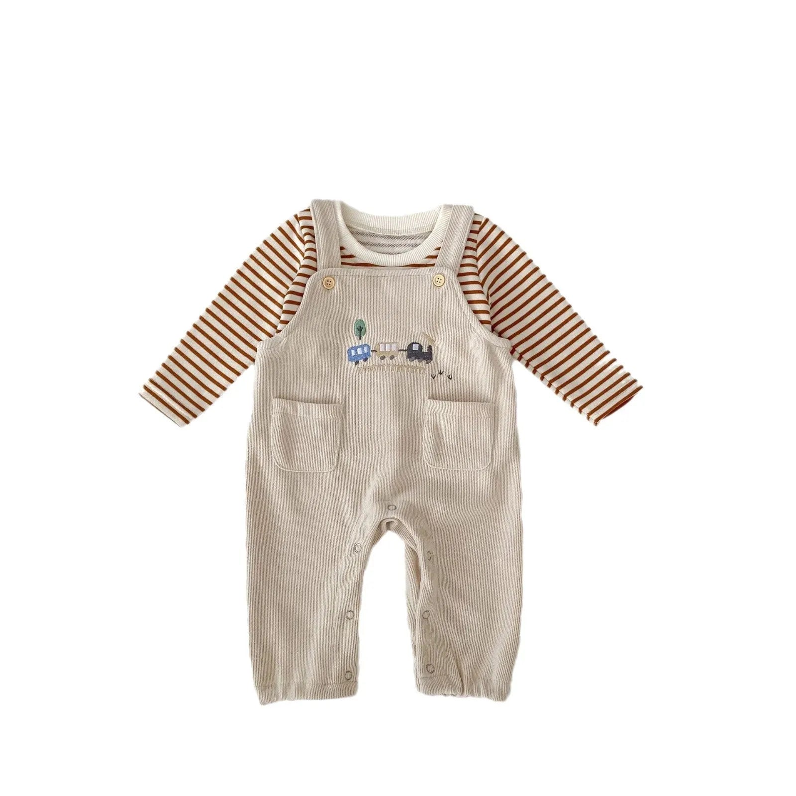 Unisex baby cotton striped top and bib pants set with car embroidery in size 80cm