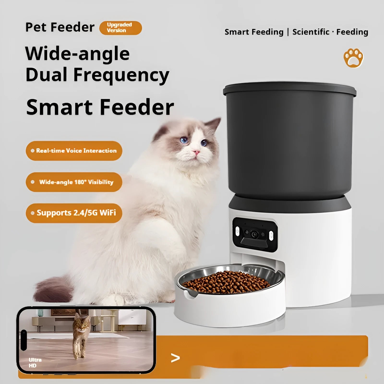 4L smart pet feeder with remote control and video camera on a kitchen floor