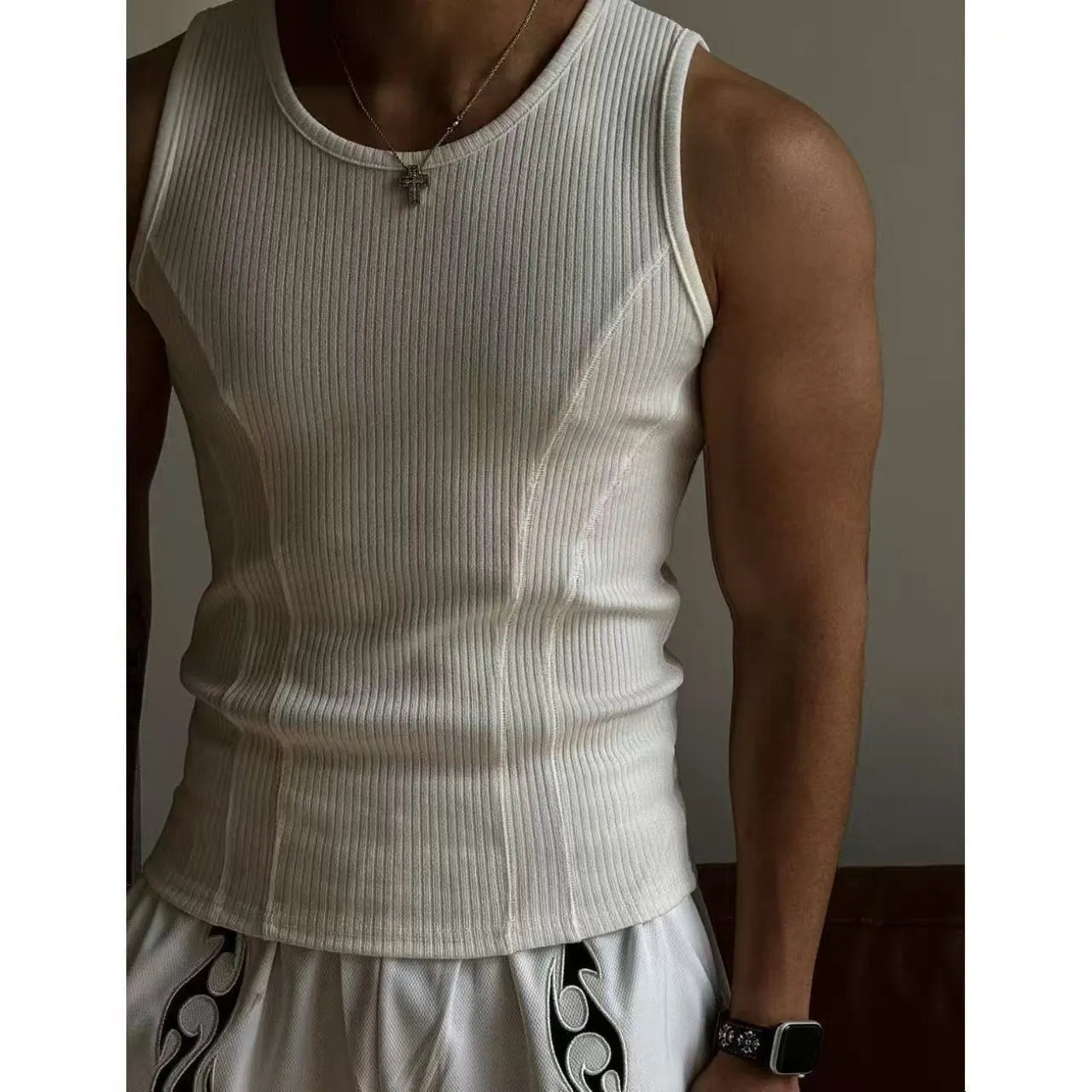 Men's black I-shaped athletic vest tank top with American stitching detail
