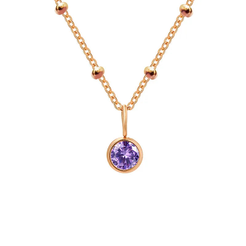 Women's round birthstone necklace on stainless steel ball bead chain, 38+5cm, shown in one of 24 colour options