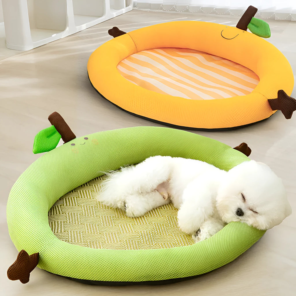 Green fruit pattern pet nest mat with raised backrest in large 65x50cm size
